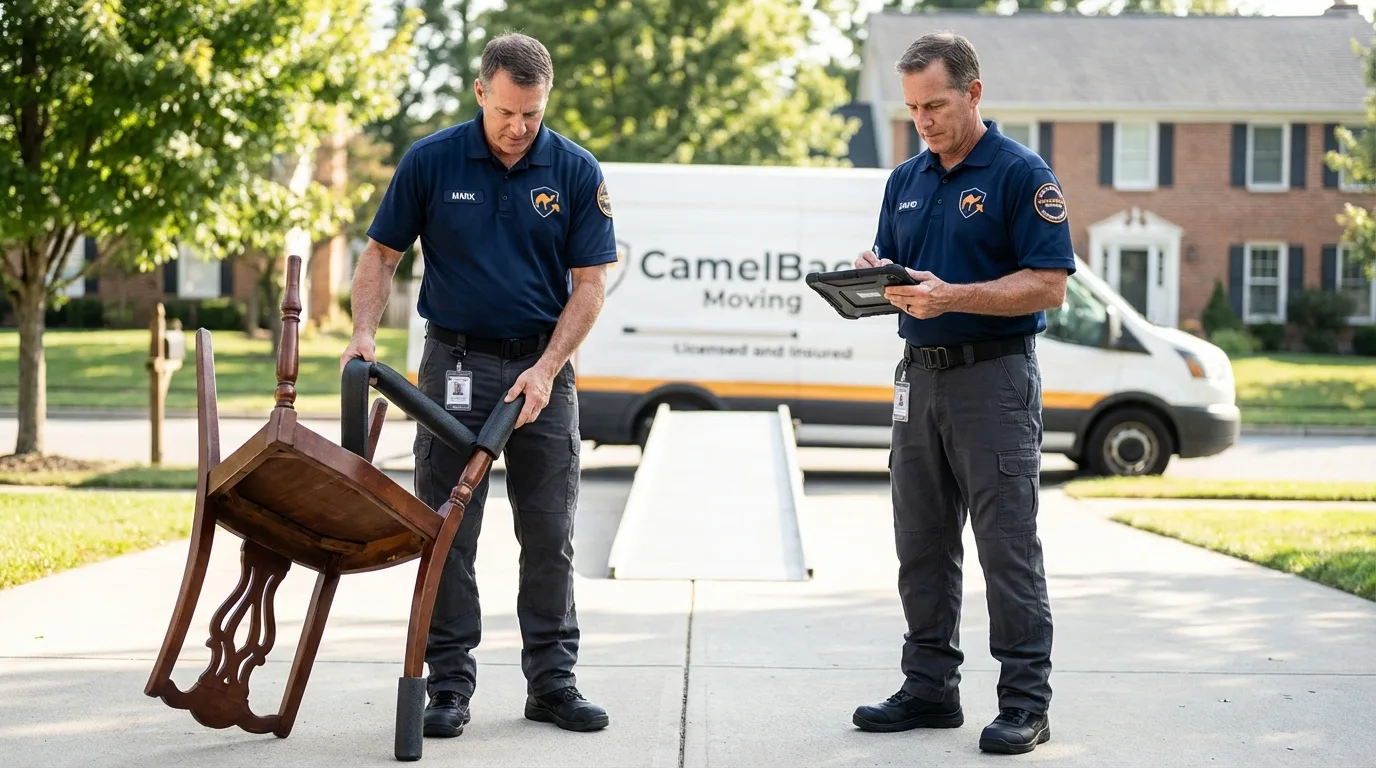 Movers inspecting furniture for damage prevention before loading in Shawsville, VA