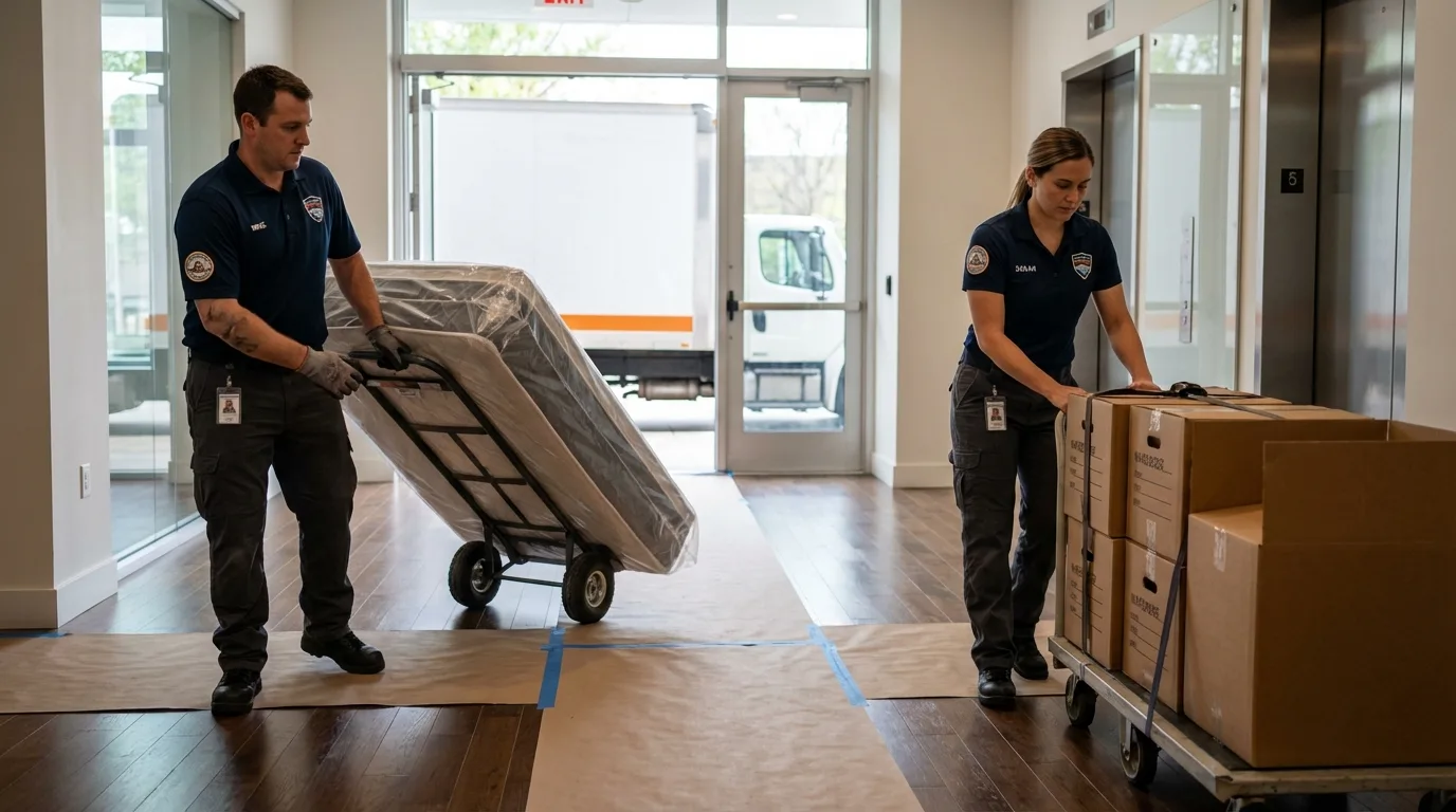 Professional apartment movers loading elevator in Shawsville, VA