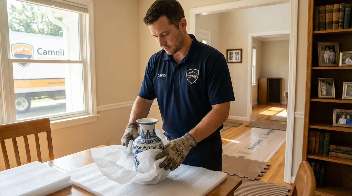Professional crew carefully wrapping antique vase for senior downsizing move in Shawsville, VA
